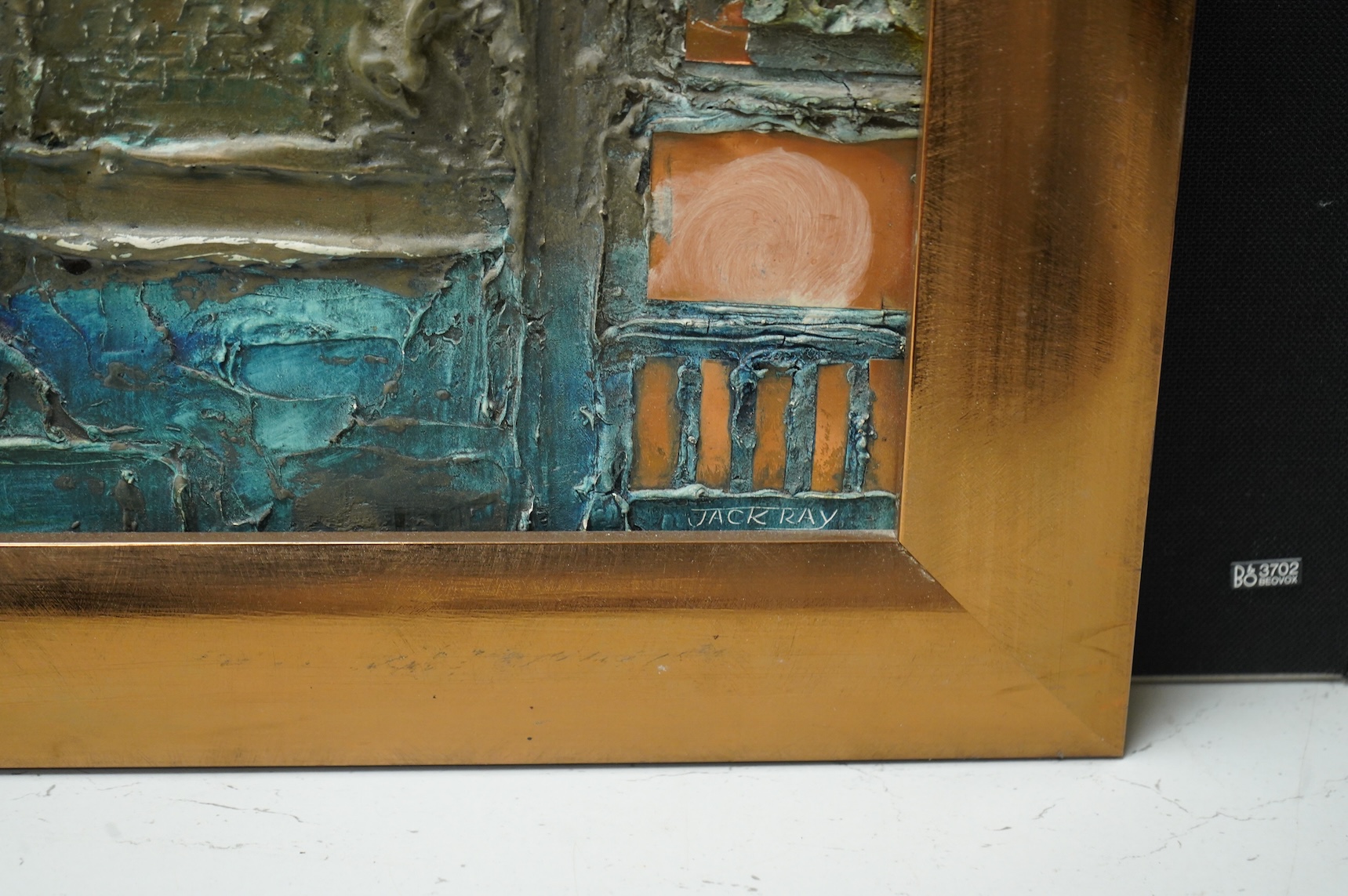 Jack Ray (b.1946) a 1970’s copper relief and painted panel of a temple, signed, framed, 102 x 70cm